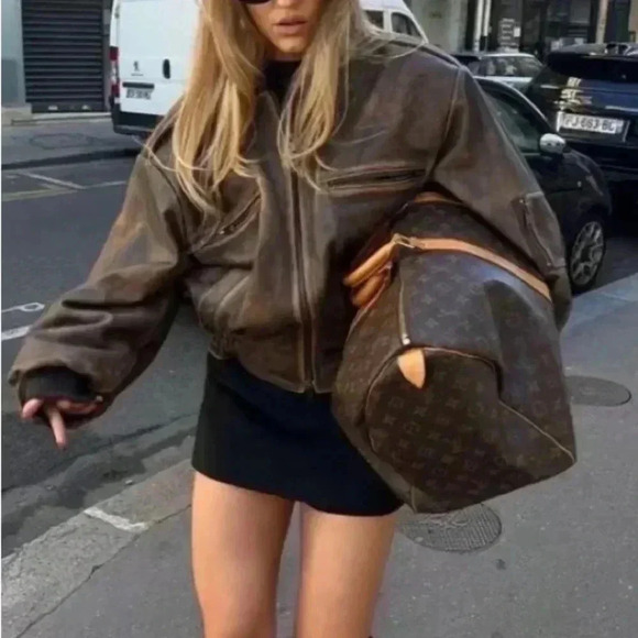 BROWN GENUINE LEATHER DECADES VINTAGE  BOMBER JACKET WAIST WITH POCKETS - Picture 2 of 14